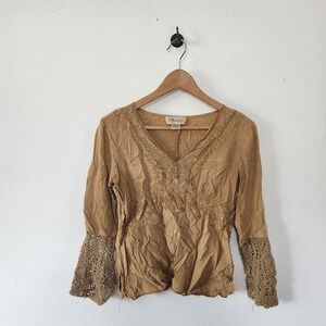 Y2K Bohemian Fairycore Blouse Knit 100% Rayon Brown Small Made in India Nancy K